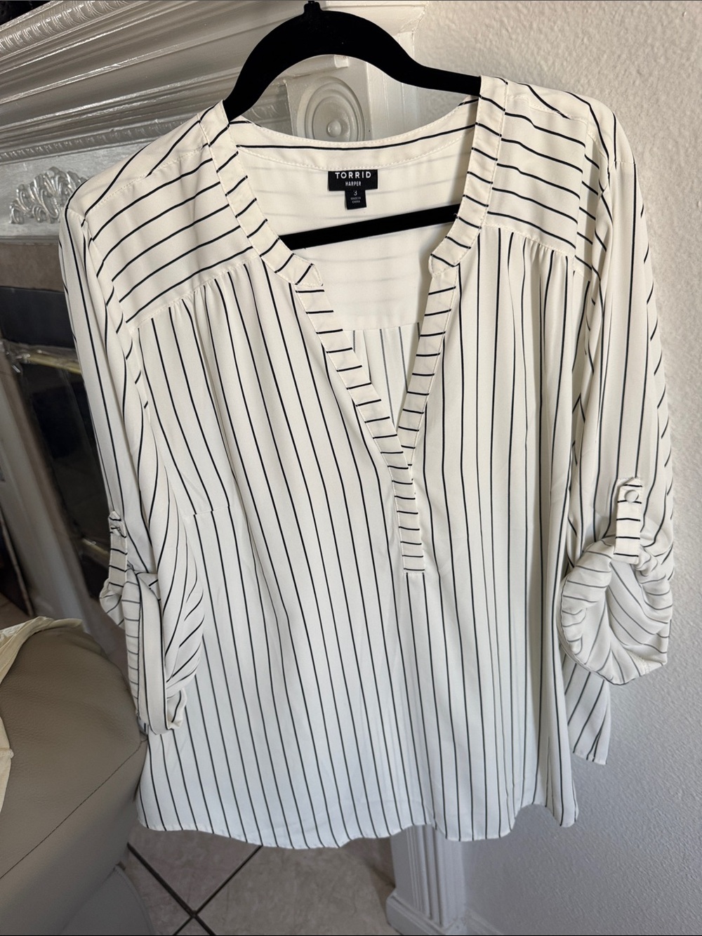 torrid White Blouse with Black Vertical Stripes